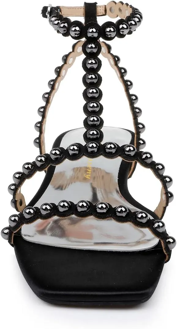 Women Chic Studded Beads Open Toe T-Strap Flat Sandals Ankle Strap Buckle Comfy Summer Casual Dress Shoes Size 4-16 US