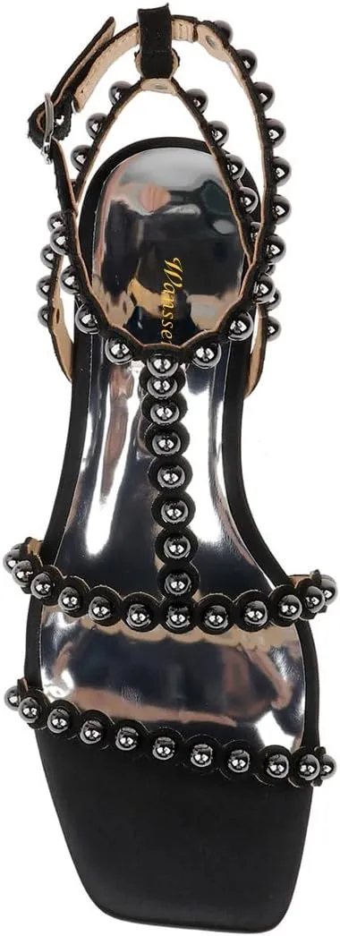 Women Chic Studded Beads Open Toe T-Strap Flat Sandals Ankle Strap Buckle Comfy Summer Casual Dress Shoes Size 4-16 US