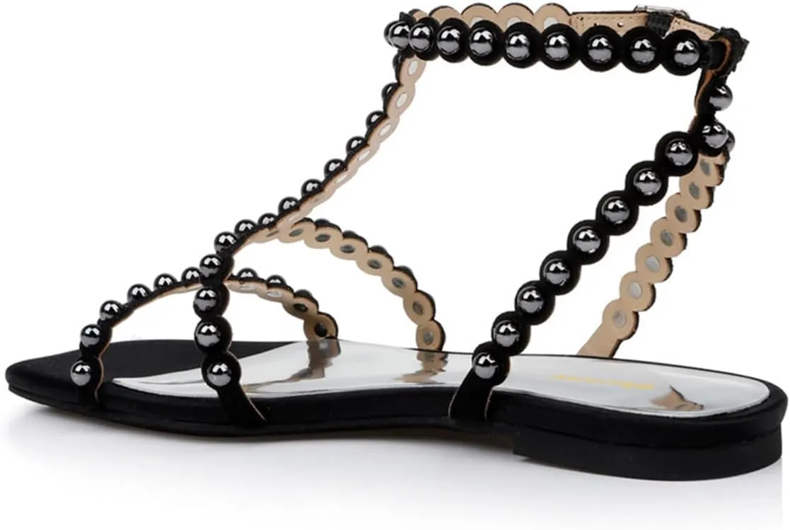 Women Chic Studded Beads Open Toe T-Strap Flat Sandals Ankle Strap Buckle Comfy Summer Casual Dress Shoes Size 4-16 US