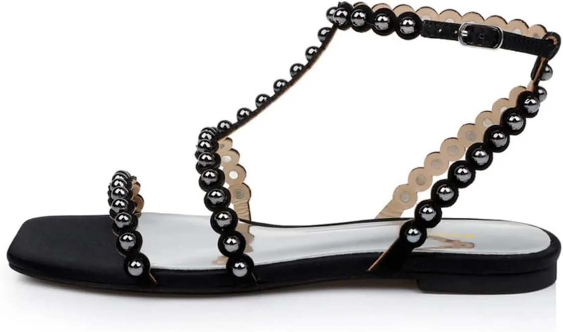 Women Chic Studded Beads Open Toe T-Strap Flat Sandals Ankle Strap Buckle Comfy Summer Casual Dress Shoes Size 4-16 US