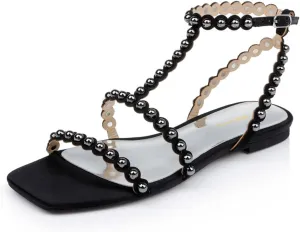Women Chic Studded Beads Open Toe T-Strap Flat Sandals Ankle Strap Buckle Comfy Summer Casual Dress Shoes Size 4-16 US