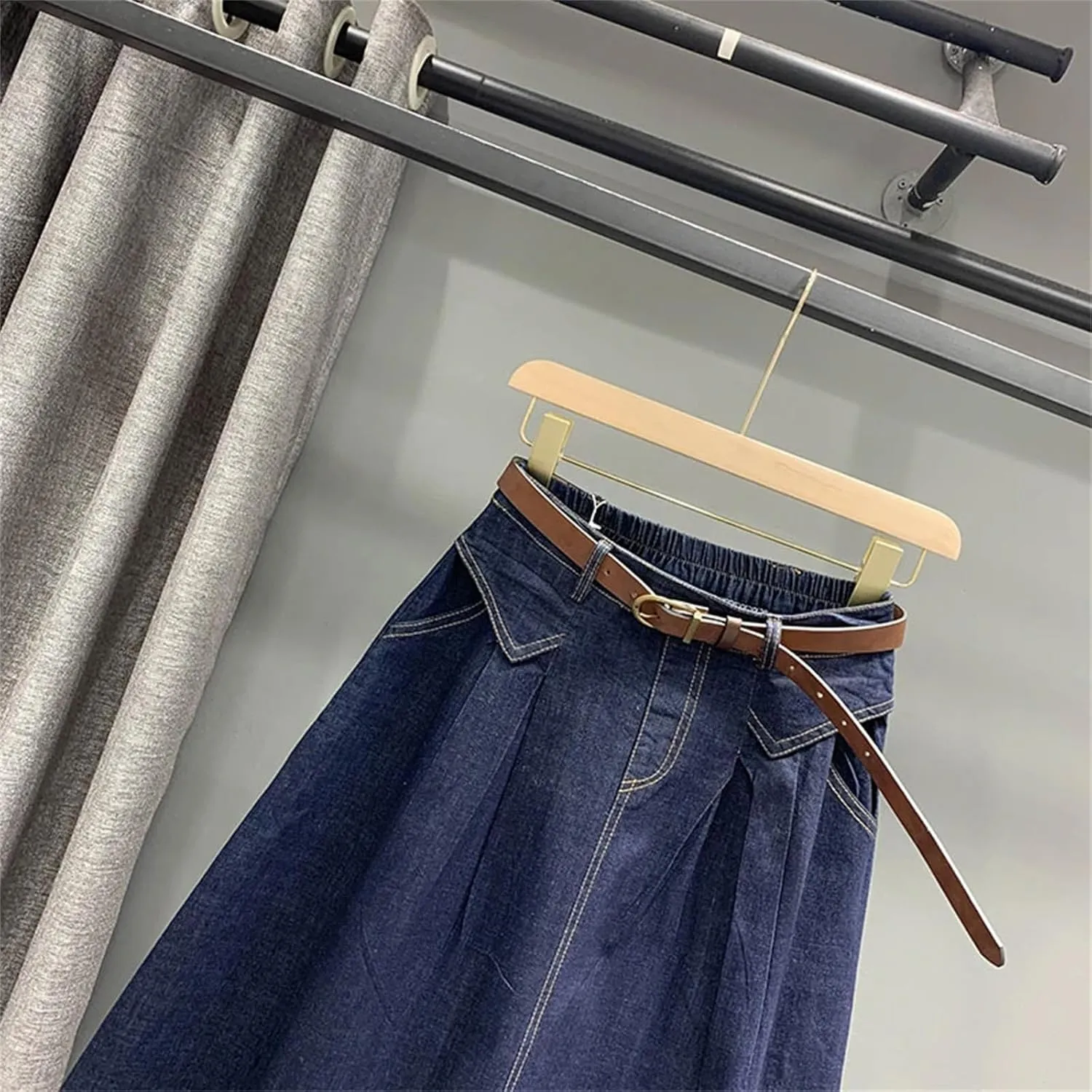 Women Denim Skirt Spring Summer Elastic Waist Midi Casual A-Line Skirt