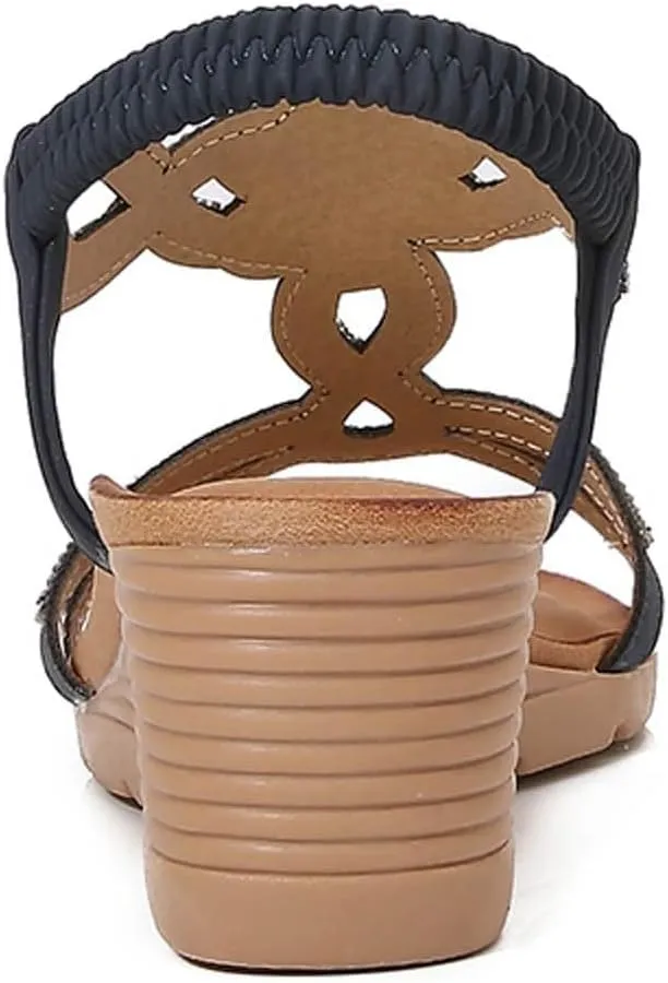 Women Orthopedic Wedge Sandals Summer Jeweled Bling Strappy Elastic Ankle Strap Slip On Sandals Comfort Open Toe Soft Cushion Sandal for Summer Beach Oceanside Holiday Outdoor