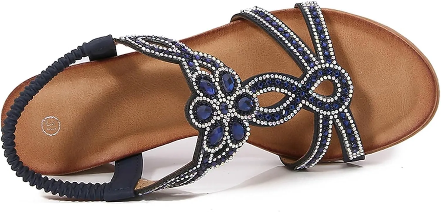 Women Orthopedic Wedge Sandals Summer Jeweled Bling Strappy Elastic Ankle Strap Slip On Sandals Comfort Open Toe Soft Cushion Sandal for Summer Beach Oceanside Holiday Outdoor