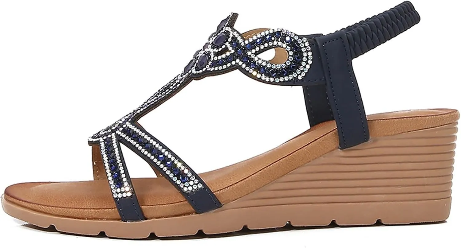 Women Orthopedic Wedge Sandals Summer Jeweled Bling Strappy Elastic Ankle Strap Slip On Sandals Comfort Open Toe Soft Cushion Sandal for Summer Beach Oceanside Holiday Outdoor