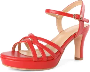 Women Platform Heel Sandals Strappy Heel Sandals Chunky Heel Sandals Open Toe Sandals Slingback Heel Sandals Comfort Dressy for Evening Party 3.5 Inch