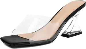 Women Sexy Clear Kitten Heels Sandals Transparent Square Open Toe Slipper Dress Shoes