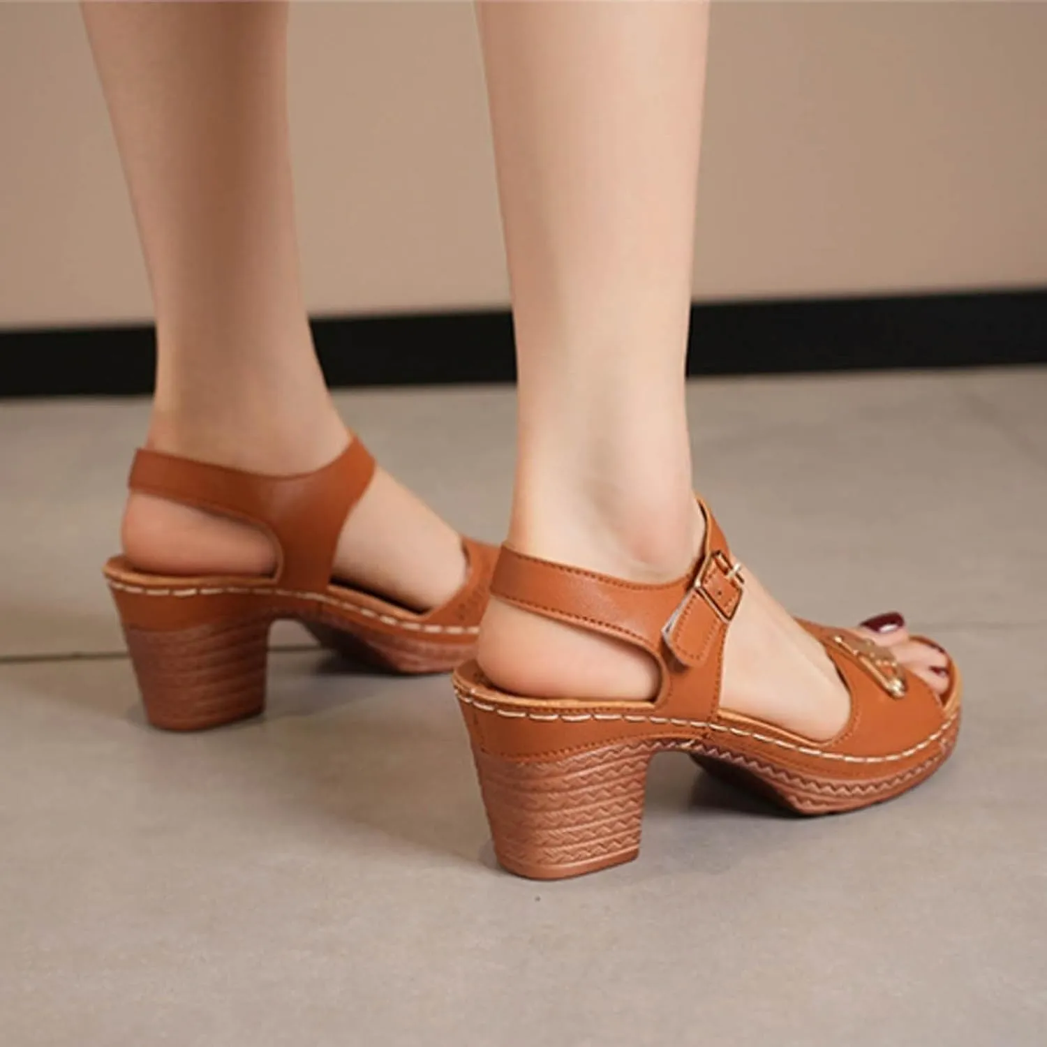 Womens Ankle-Strap Heeled Sandal Adjustable Straps Chic Chunky Mid Heel Walking Retro Platform Sandals Comfortable Open Toe Summer Casual Platform Wedding Dress Shoes