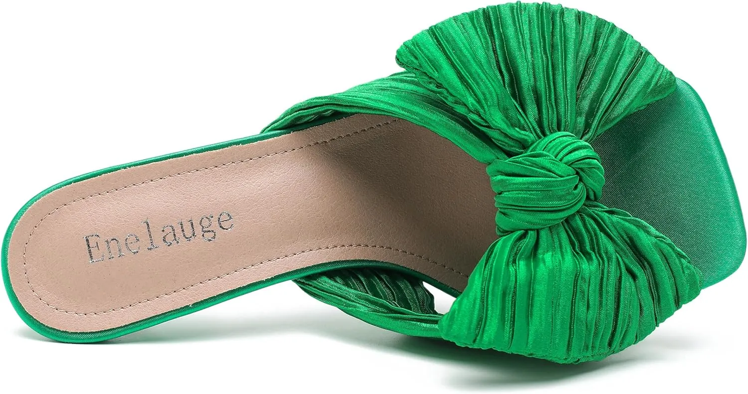 Women's Bow Knot Heeled Sandals Open Toe Low Kitten Heels Mules Sandals Slip On Pleated Wedding Bridal Party Dress Shoes
