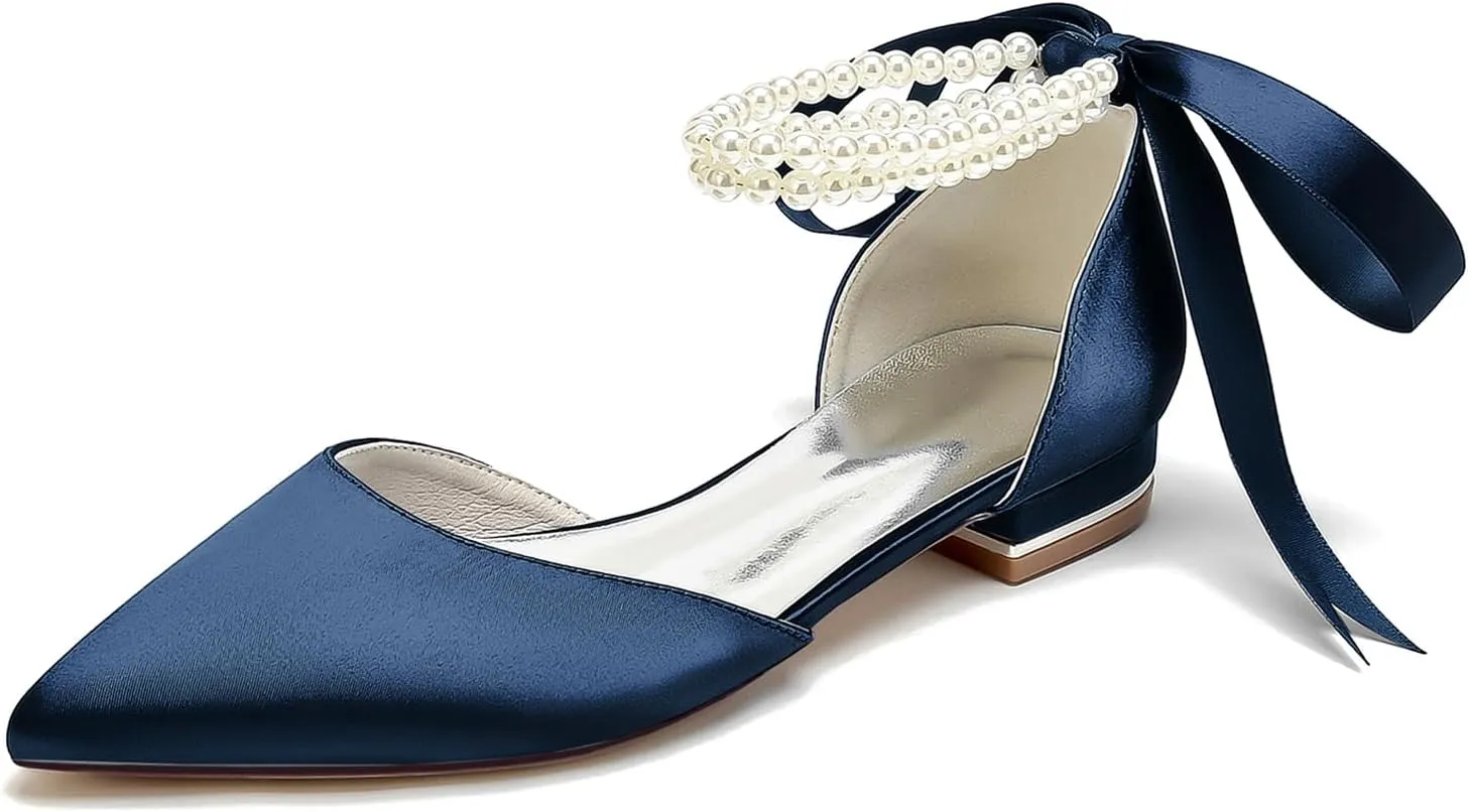 Women's Bridal Shoes Satin Pearl Ribbon Lace Up Wedding Sandals Formal Evening Closed Pointed Toe Dress Sandals