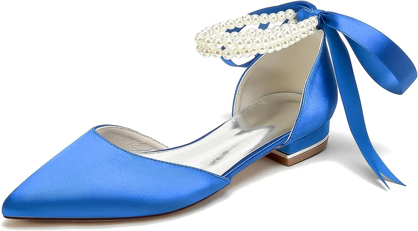 Women's Bridal Shoes Satin Pearl Ribbon Lace Up Wedding Sandals Formal Evening Closed Pointed Toe Dress Sandals