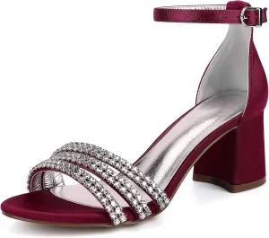 Women's Chunky Block Heel Sandals for Women Open Toe High Heel Satin Ankle Strap Bridal Shoes for Wedding