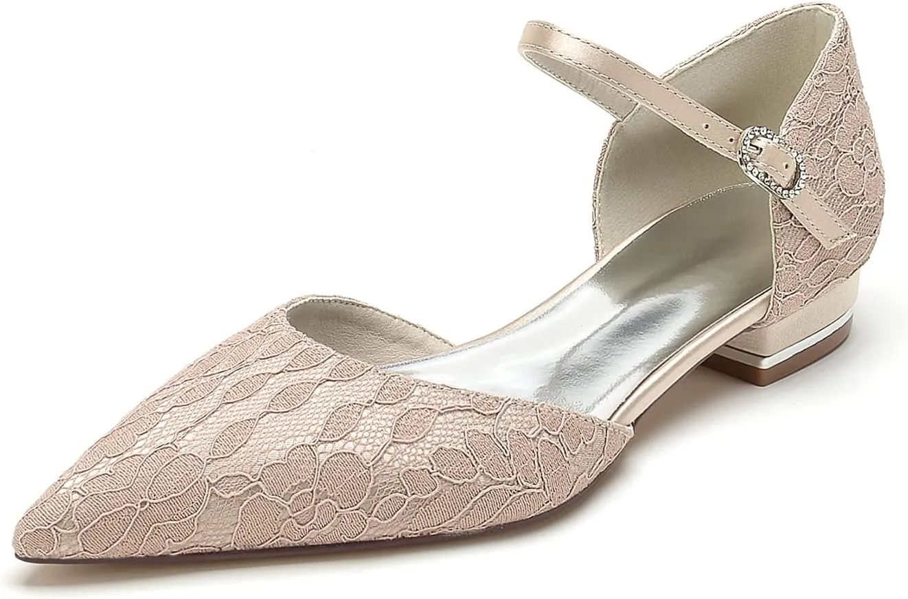 Womens Closed Pointed Toe Low Heels Flat Bridal Shoes for Wedding Lace Dress Shoes for Bride Low Block Heel Flats Pumps Bridesmaids