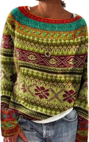 Women's Fair Isle Knitted Sweater Vintage Long Sleeve Boat Neck Retro Lightweight Pullover Top for 2024 Fall Winter