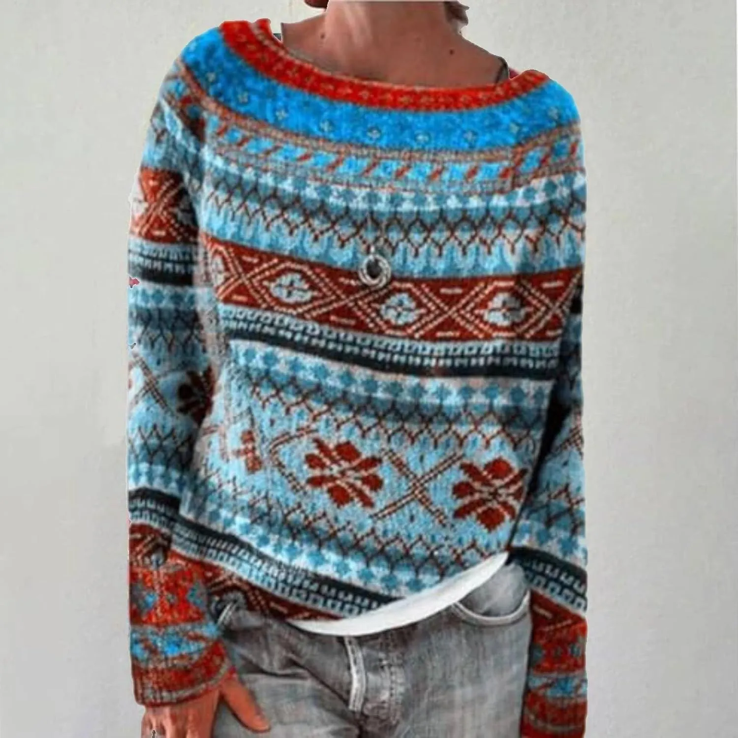 Women's Fair Isle Knitted Sweater Vintage Long Sleeve Boat Neck Retro Lightweight Pullover Top for 2024 Fall Winter