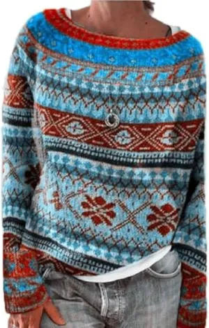 Women's Fair Isle Knitted Sweater Vintage Long Sleeve Boat Neck Retro Lightweight Pullover Top for 2024 Fall Winter