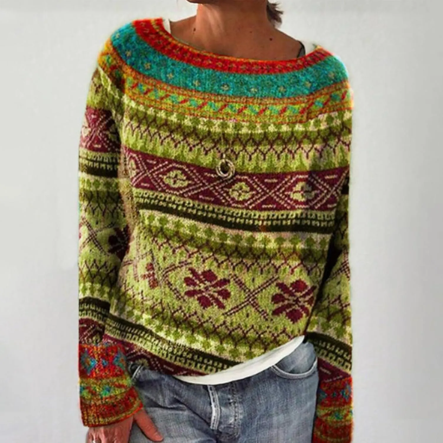 Women's Fair Isle Knitted Sweater Vintage Long Sleeve Boat Neck Retro Lightweight Pullover Top for 2024 Fall Winter