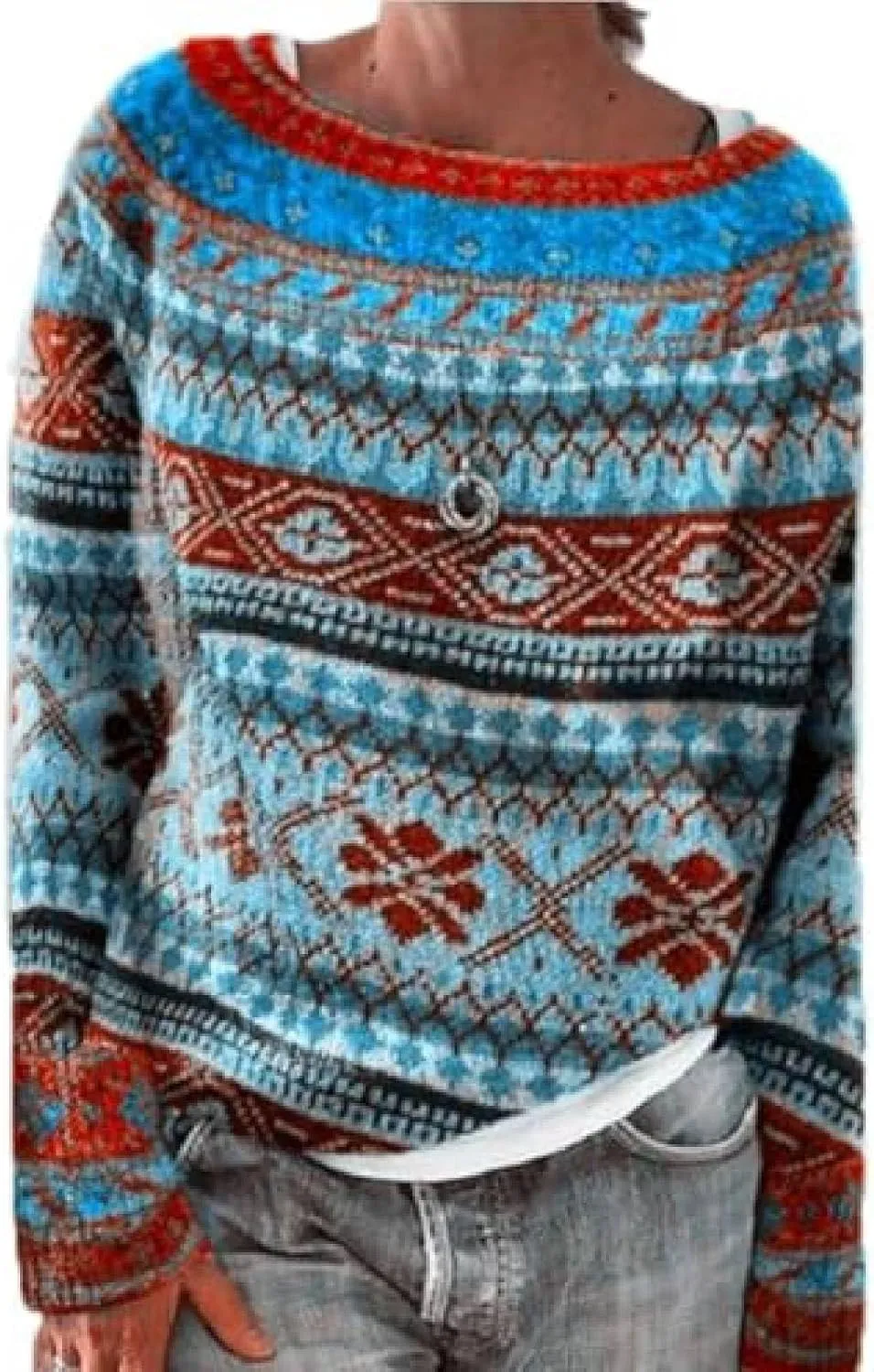 Women's Fair Isle Knitted Sweater Vintage Long Sleeve Boat Neck Retro Lightweight Pullover Top for 2024 Fall Winter