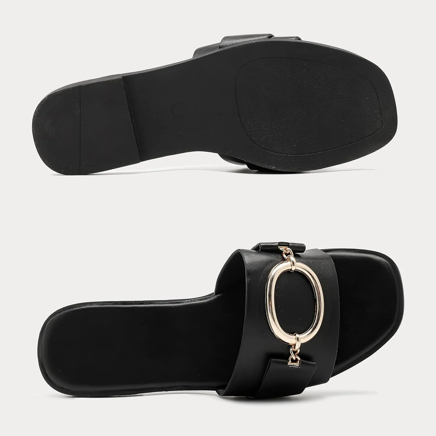 Women's Flat Sandals Fashion Square Open Toe Slides With Metal Chain Slippers Dressy for Summer Size 6-12