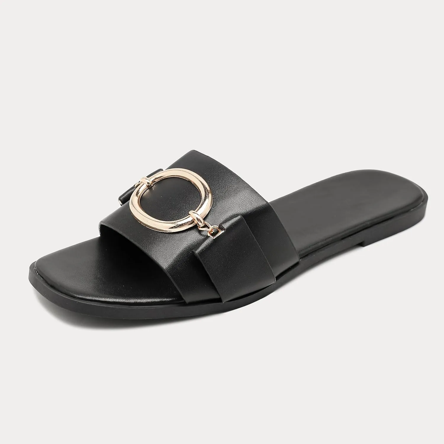 Women's Flat Sandals Fashion Square Open Toe Slides With Metal Chain Slippers Dressy for Summer Size 6-12