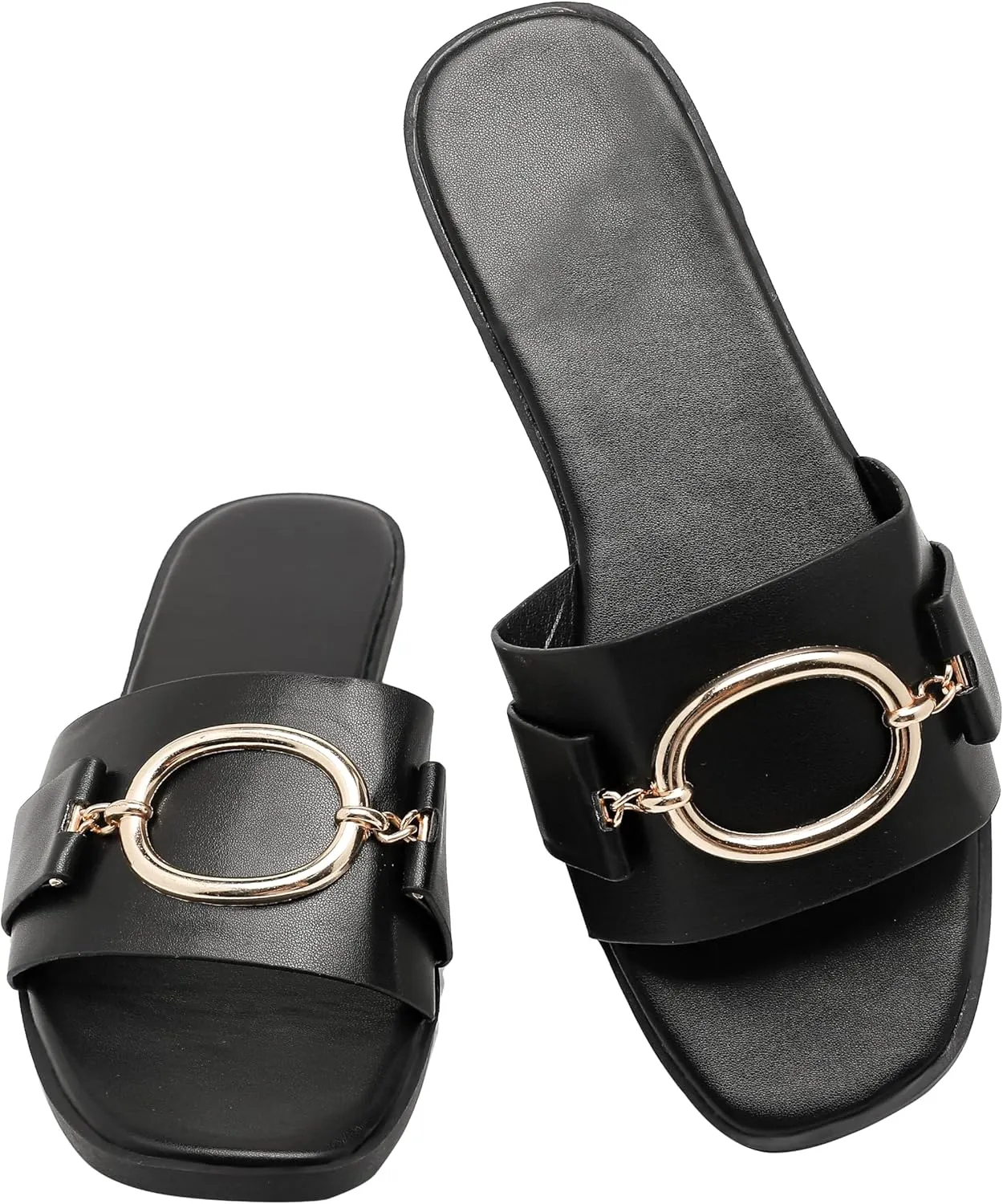 Women's Flat Sandals Fashion Square Open Toe Slides With Metal Chain Slippers Dressy for Summer Size 6-12
