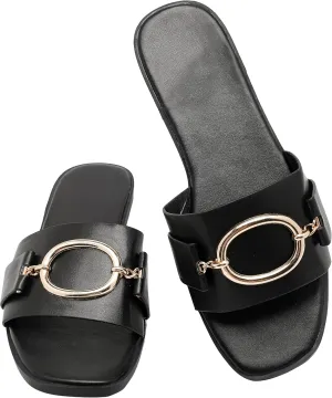 Women's Flat Sandals Fashion Square Open Toe Slides With Metal Chain Slippers Dressy for Summer Size 6-12