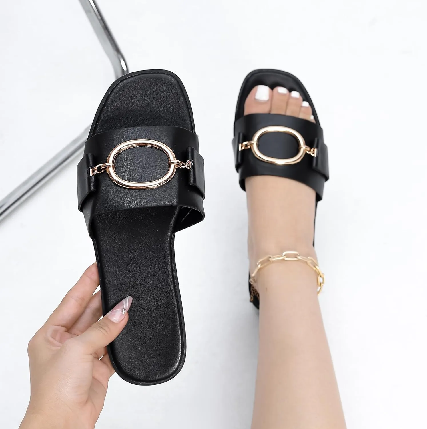 Women's Flat Sandals Fashion Square Open Toe Slides With Metal Chain Slippers Dressy for Summer Size 6-12