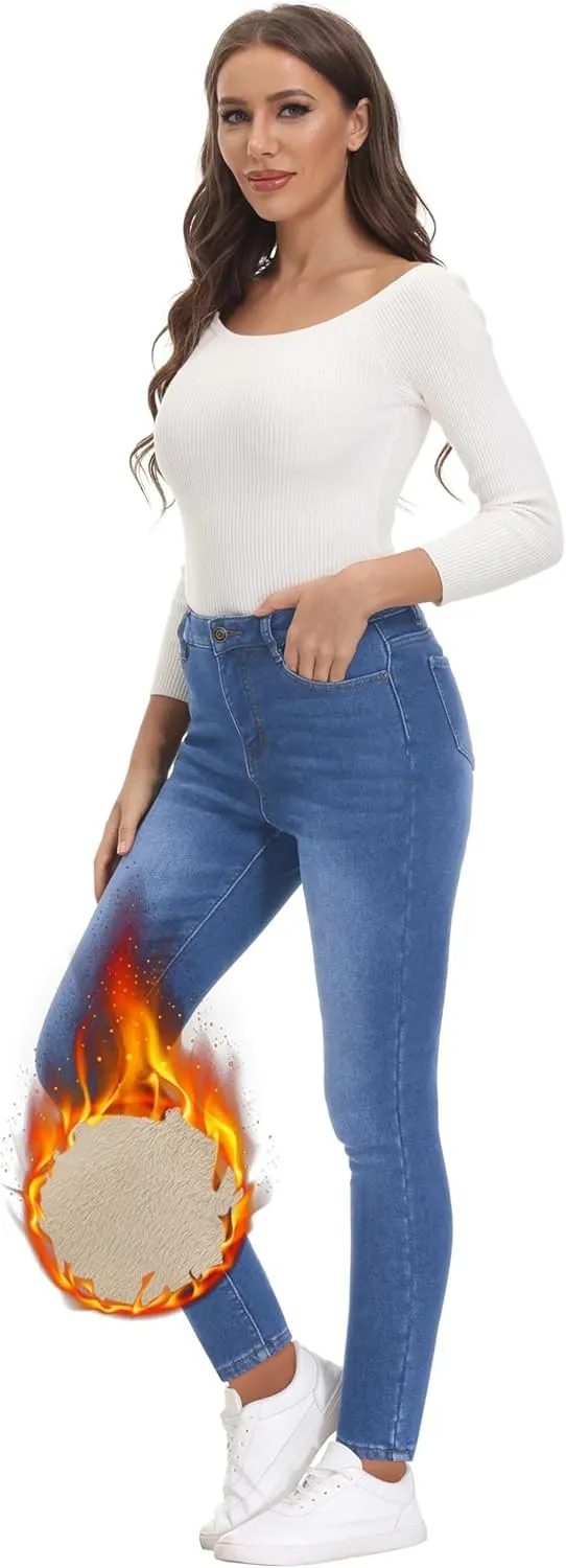 Women's Fleece Lined Jeans Skinny High Waisted Winter Thick Fleece Warm Stretch Fleece Lining Women Jeans Pants