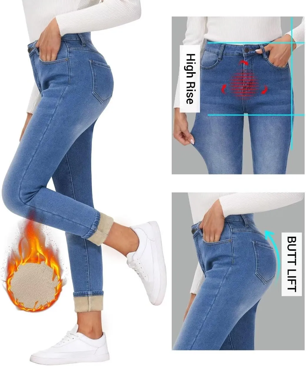 Women's Fleece Lined Jeans Skinny High Waisted Winter Thick Fleece Warm Stretch Fleece Lining Women Jeans Pants