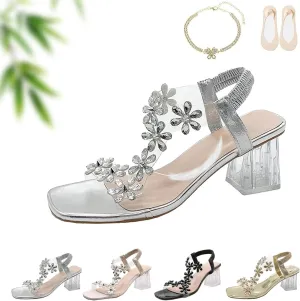 Women's Flower Rhinestone Block Heel Sandals, Summer Fashion Square Open Toe High Heels, Clear Crystal Chunky Heel Dress Shoes for Party with Elastic Ankle Strap