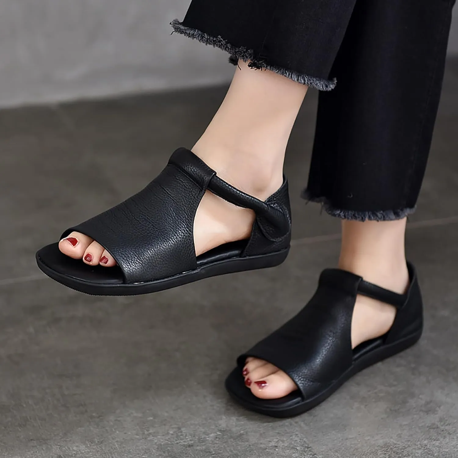 Women'S Genuine Leather Hook Loop Flat Roman Sandals Fashion Round Toe Fish Mouth High-Top Cutout Gothic Sandals Summer Casual Non-Slip Gladiator Y-2k Sandals