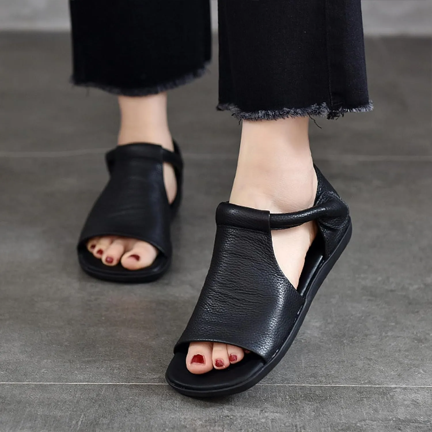 Women'S Genuine Leather Hook Loop Flat Roman Sandals Fashion Round Toe Fish Mouth High-Top Cutout Gothic Sandals Summer Casual Non-Slip Gladiator Y-2k Sandals