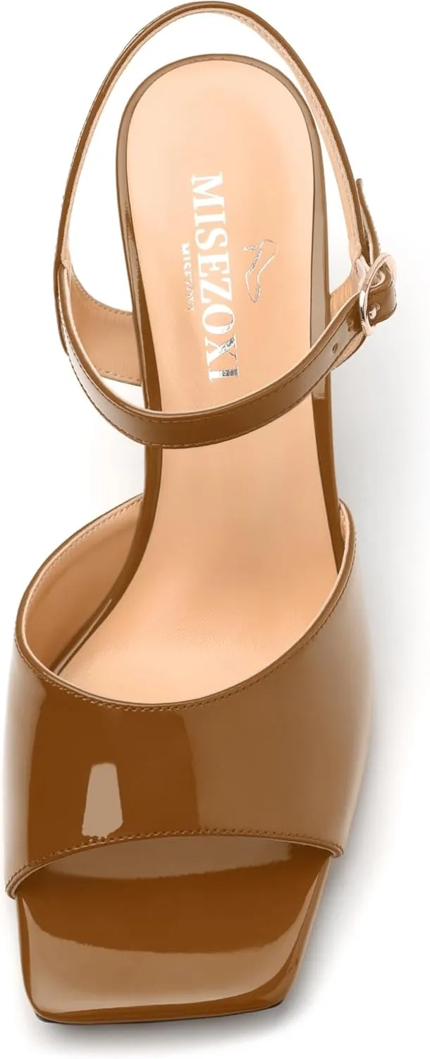 Womens Heeled Sandals Square Toe Ankle Strap Sandals High Block Chunky Heels Party Wedding Dress Slingback Sandals 3.3