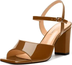 Womens Heeled Sandals Square Toe Ankle Strap Sandals High Block Chunky Heels Party Wedding Dress Slingback Sandals 3.3