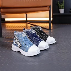 Women's High-Top Denim Sneakers with Side Zipper - Comfortable Thick Sole Casual Shoes, Versatile Fashion Athletic Footwear, Soft Insole, Hand-Washable, All-Season Wear, High Top Sneakers