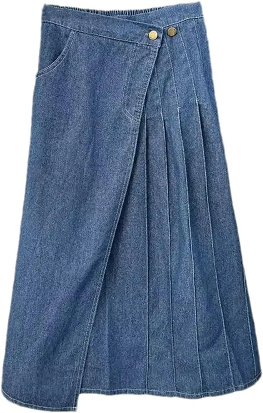 Women's High Waist Slim Fit Pleated Denim Skirt Casual Midi A-Line Jean Skirt