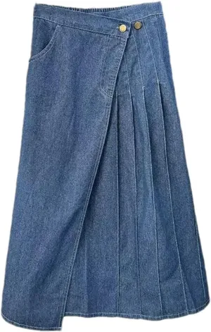 Women's High Waist Slim Fit Pleated Denim Skirt Casual Midi A-Line Jean Skirt