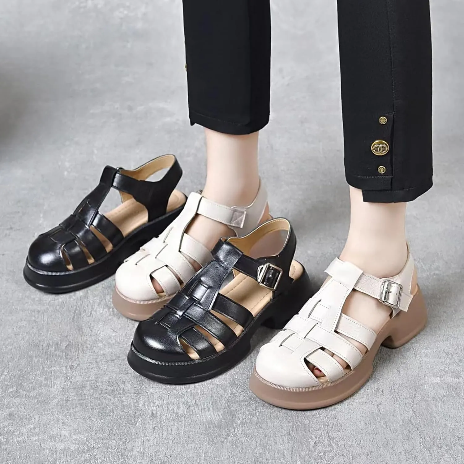 Women'S Leather Braid Caged Platform Fisherman Sandals,Summer Closed Round Toe Adjustable Ankle Strap Hollow Out Chunky Gladiator Sandals Casual Beach Y2k Sandals