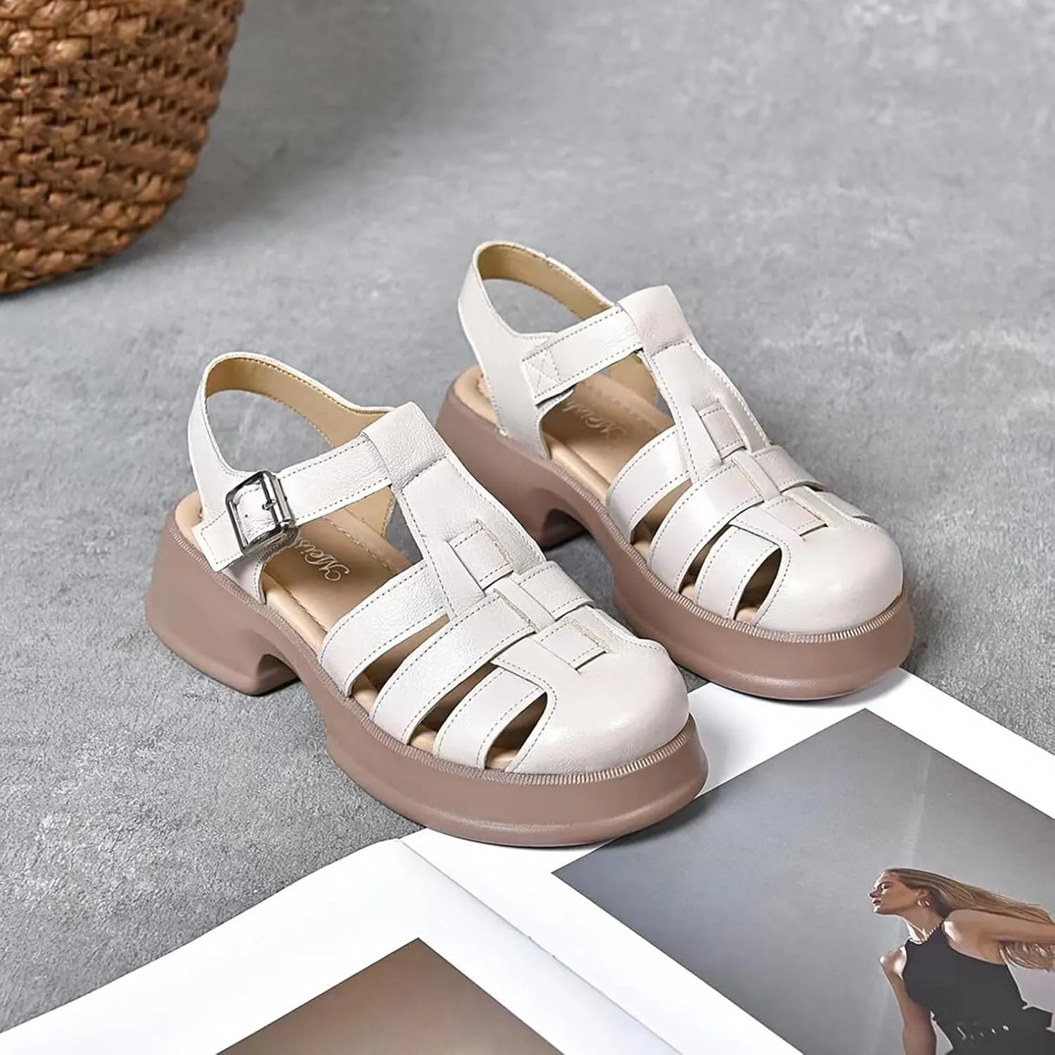 Women'S Leather Braid Caged Platform Fisherman Sandals,Summer Closed Round Toe Adjustable Ankle Strap Hollow Out Chunky Gladiator Sandals Casual Beach Y2k Sandals