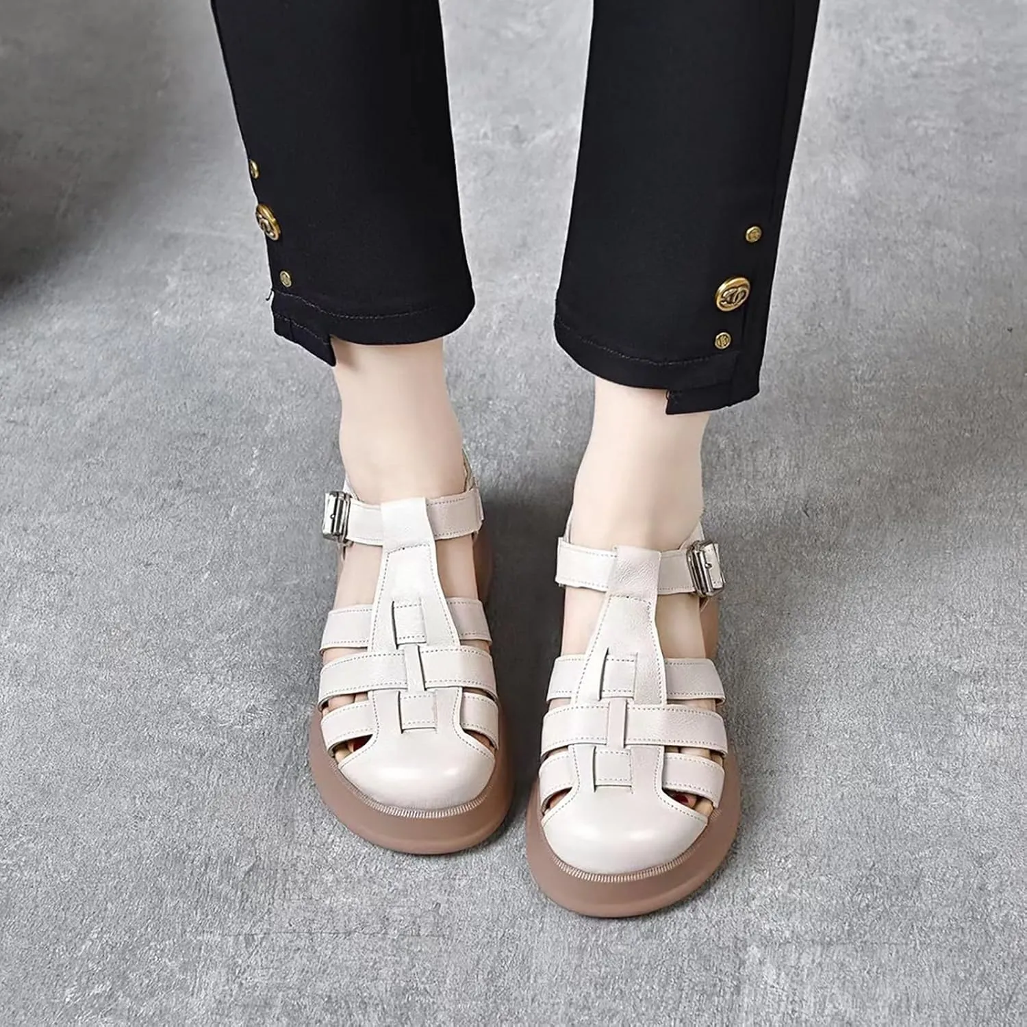 Women'S Leather Braid Caged Platform Fisherman Sandals,Summer Closed Round Toe Adjustable Ankle Strap Hollow Out Chunky Gladiator Sandals Casual Beach Y2k Sandals