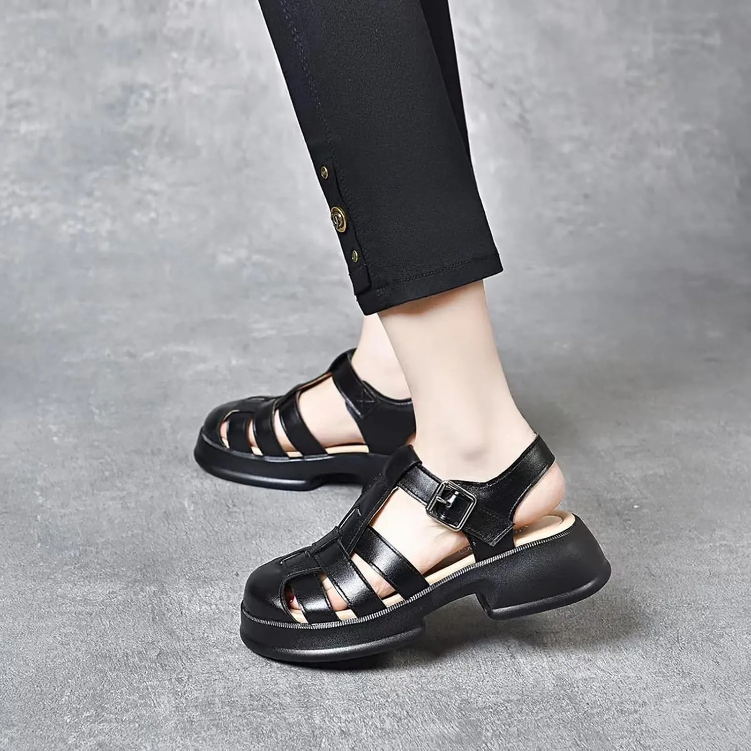 Women'S Leather Braid Caged Platform Fisherman Sandals,Summer Closed Round Toe Adjustable Ankle Strap Hollow Out Chunky Gladiator Sandals Casual Beach Y2k Sandals