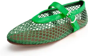Women's Mesh Ballet Flats,Fishnet Ballerina Buckle Strap Shoes,Mary Jane Flats Casual Comfortable Daily Dress Shoes