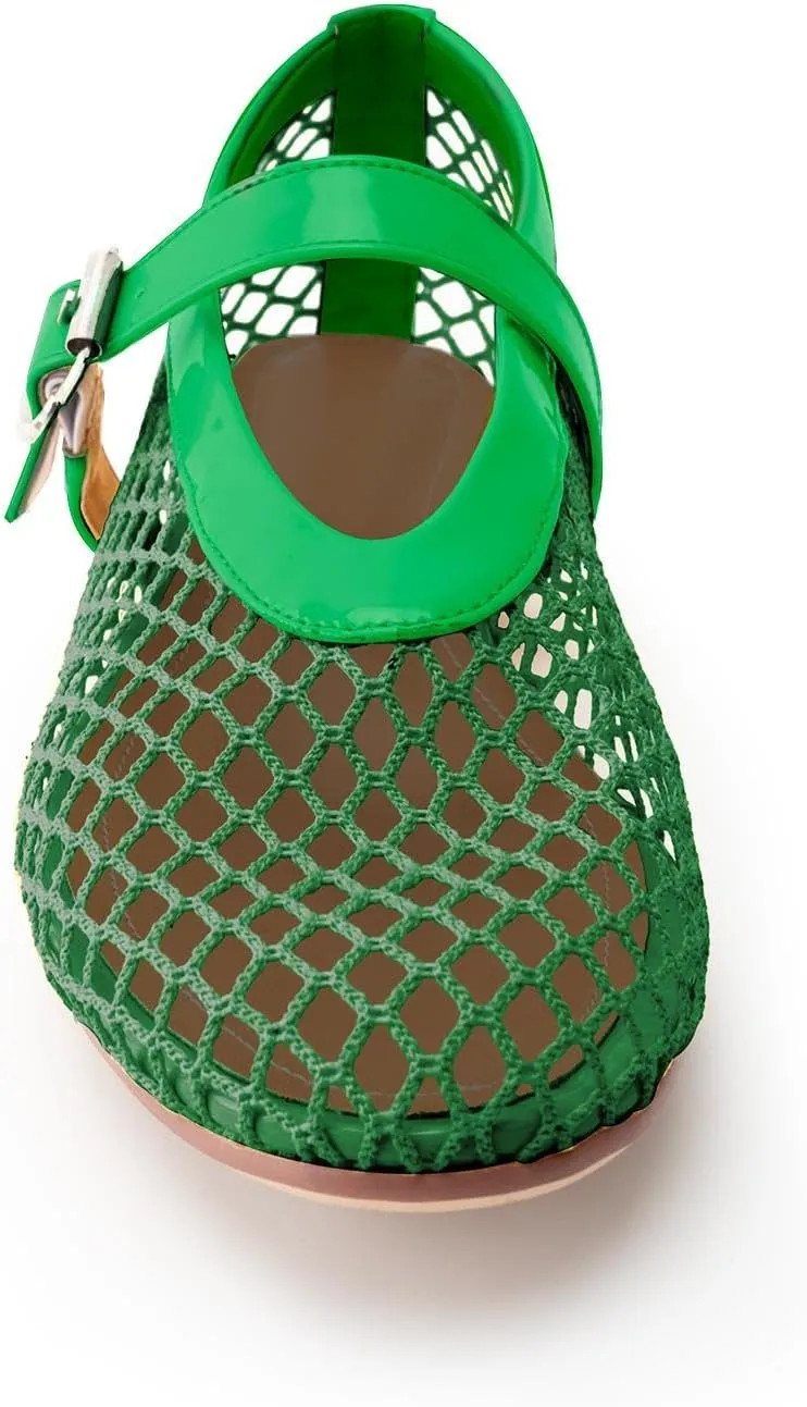 Women's Mesh Ballet Flats,Fishnet Ballerina Buckle Strap Shoes,Mary Jane Flats Casual Comfortable Daily Dress Shoes
