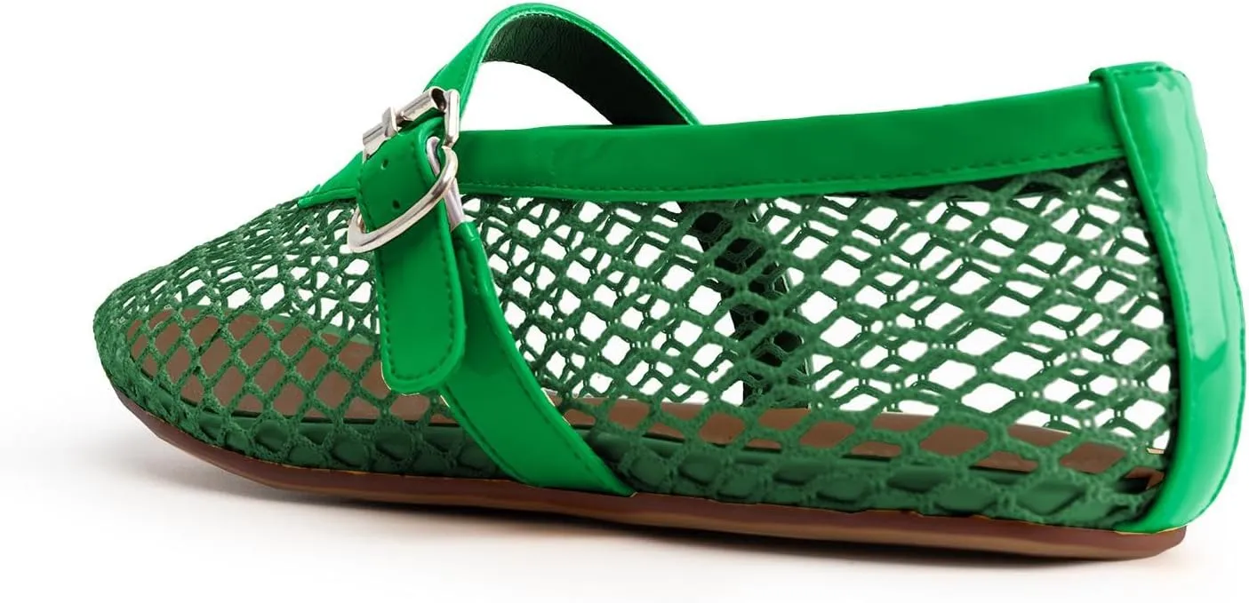Women's Mesh Ballet Flats,Fishnet Ballerina Buckle Strap Shoes,Mary Jane Flats Casual Comfortable Daily Dress Shoes