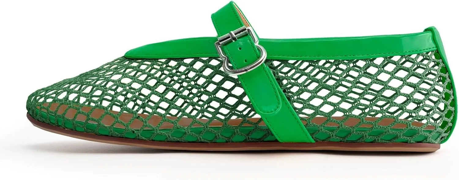 Women's Mesh Ballet Flats,Fishnet Ballerina Buckle Strap Shoes,Mary Jane Flats Casual Comfortable Daily Dress Shoes