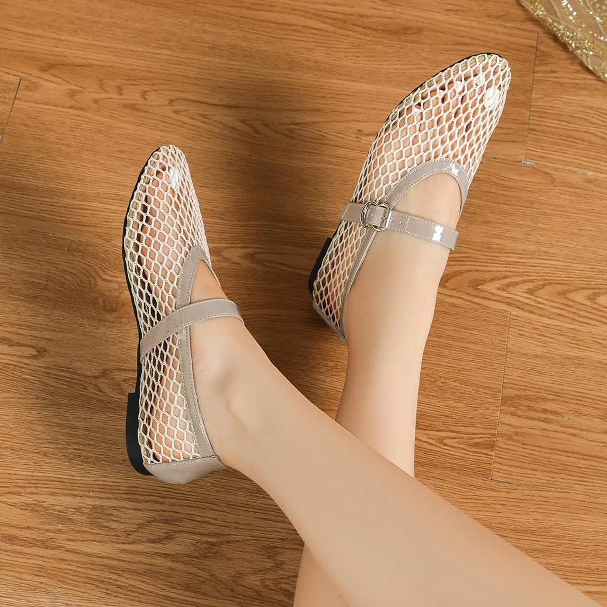 Women's Mesh Ballet Flats,Fishnet Ballerina Buckle Strap Shoes,Mary Jane Flats Casual Comfortable Daily Dress Shoes