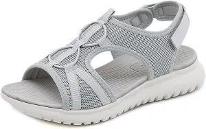 Women'S Mesh Flat Sports Sandals With Hook And Loop Round Peep Toe Straps Hollow Non-Slip Summer Casual Walking Shoes