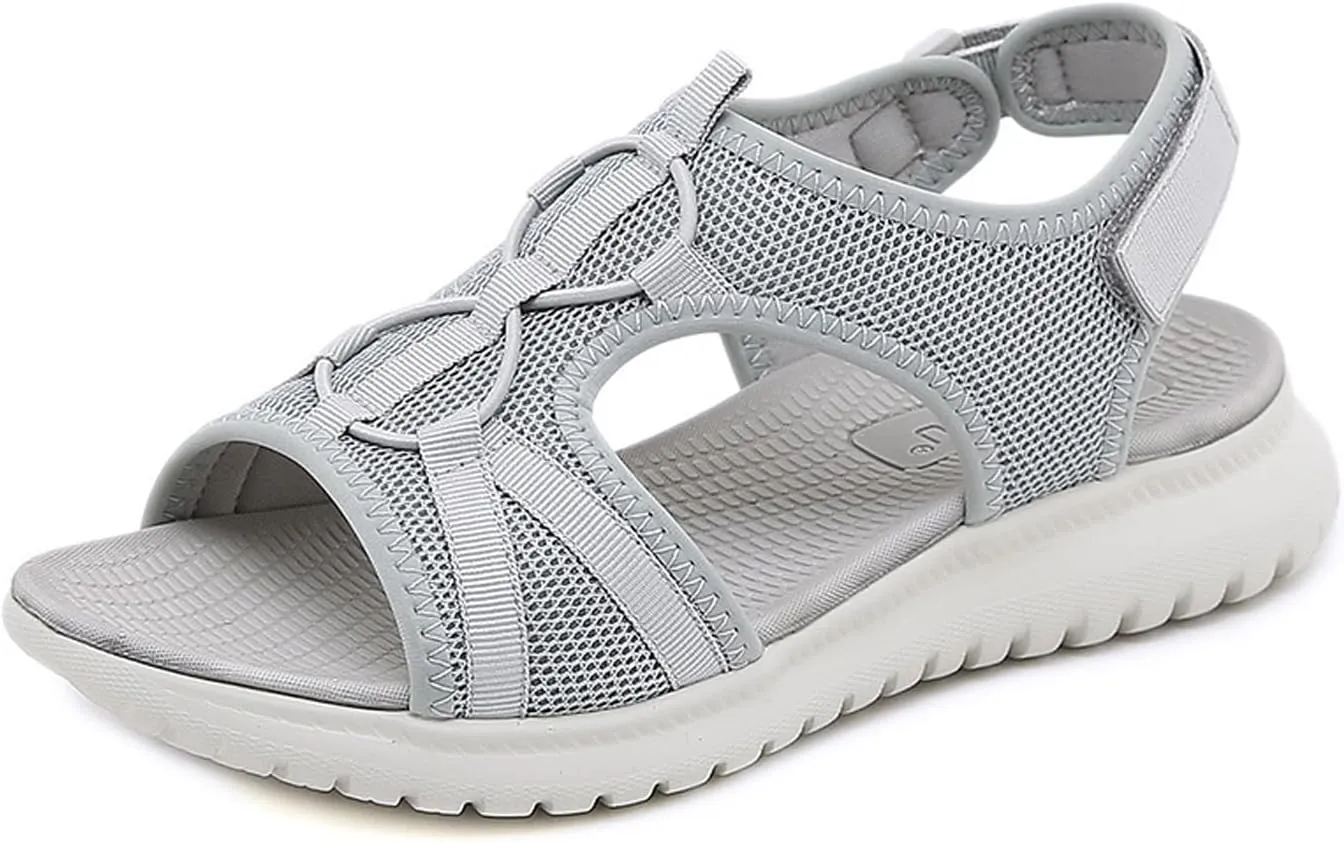 Women'S Mesh Flat Sports Sandals With Hook And Loop Round Peep Toe Straps Hollow Non-Slip Summer Casual Walking Shoes