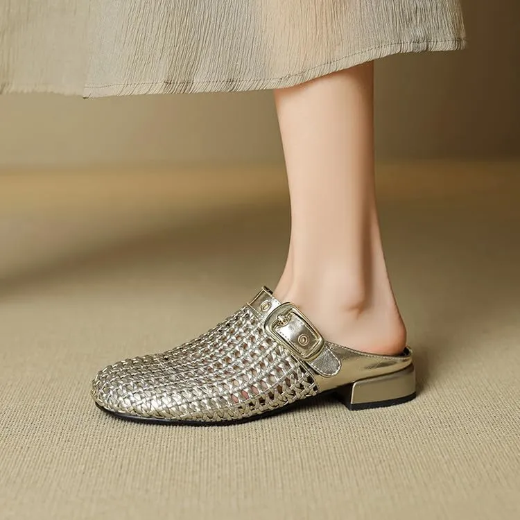 Women's Mules Clogs Round Toe Flat Woven Sandals