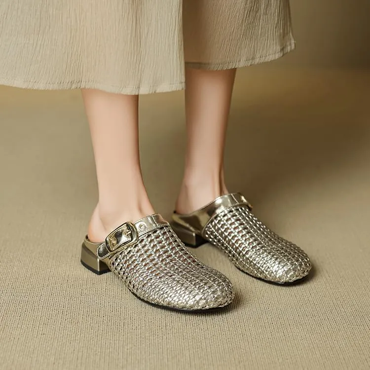 Women's Mules Clogs Round Toe Flat Woven Sandals